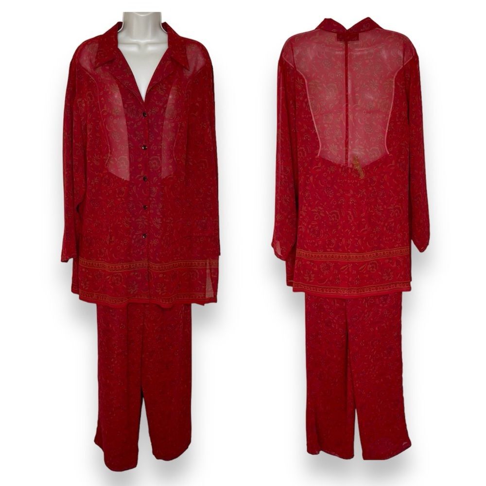 Lane Bryant Chiffon Red Floral Tunic Button Front Elastic Pant Set Women 14 16